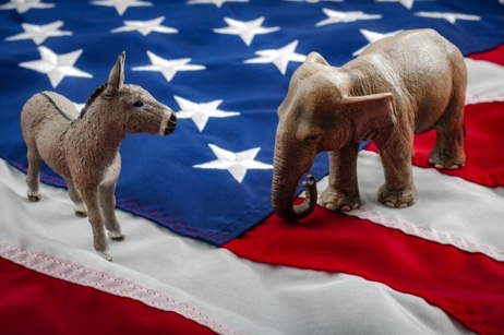 Elephant and donkey walking over an American flag.