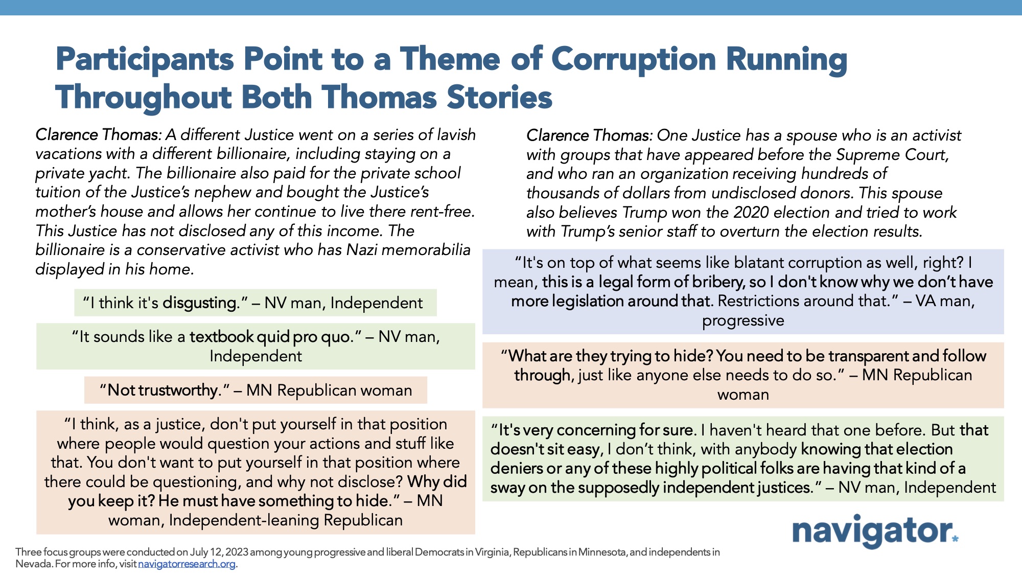Report slide titled: Participants Point to a Theme of Corruption Running Throughout Both Thomas Stories