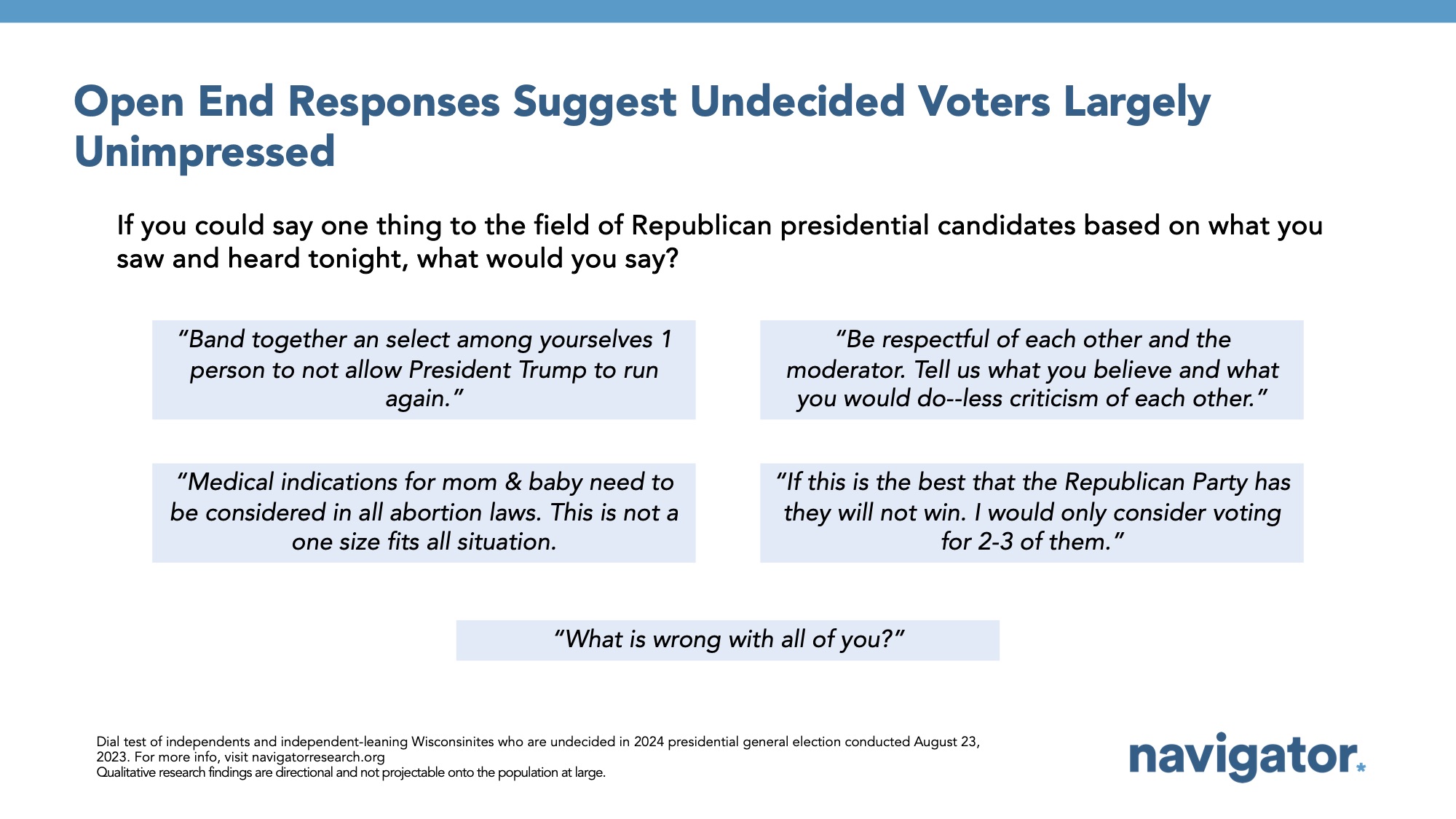 Dial group report slide titled: Open End Responses Suggest Undecided Voters Largely Unimpressed