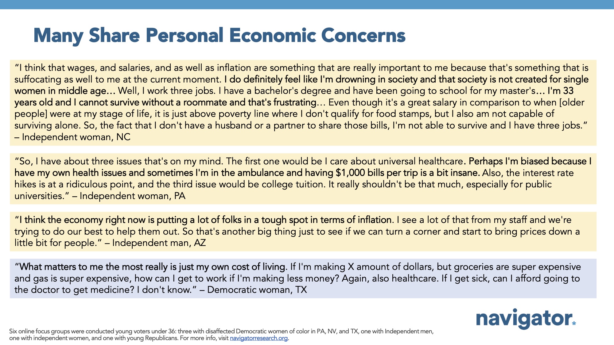 Focus group report slide titled: Many Share Personal Economic Concerns