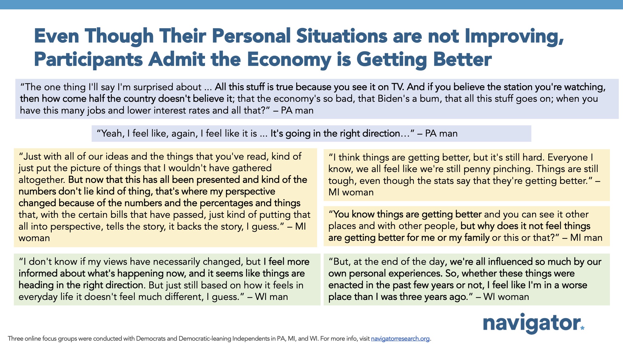 Focus group report slide titled: Even Though Their Personal Situations are not Improving, Participants Admit the Economy is Getting Better