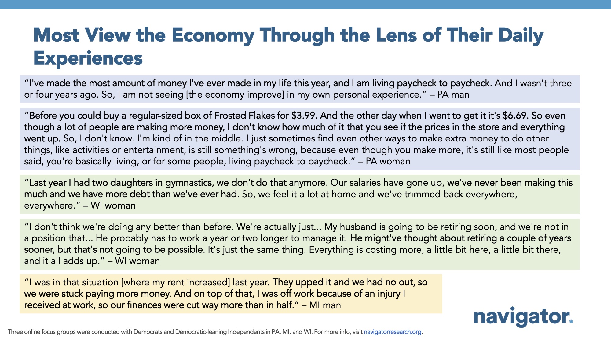 Focus group report slide titled: Most View the Economy Through the Lens of Their Daily Experiences