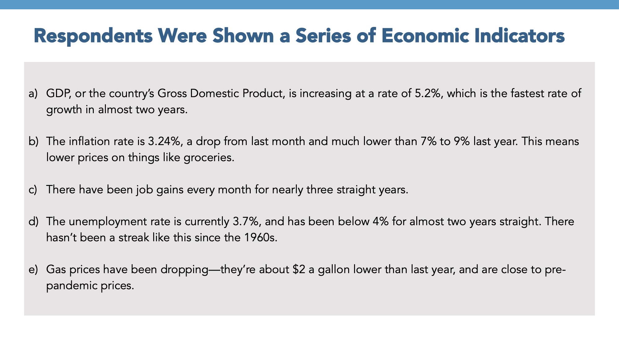 Focus group report slide titled: Respondents Were Shown a Series of Economic Indicators