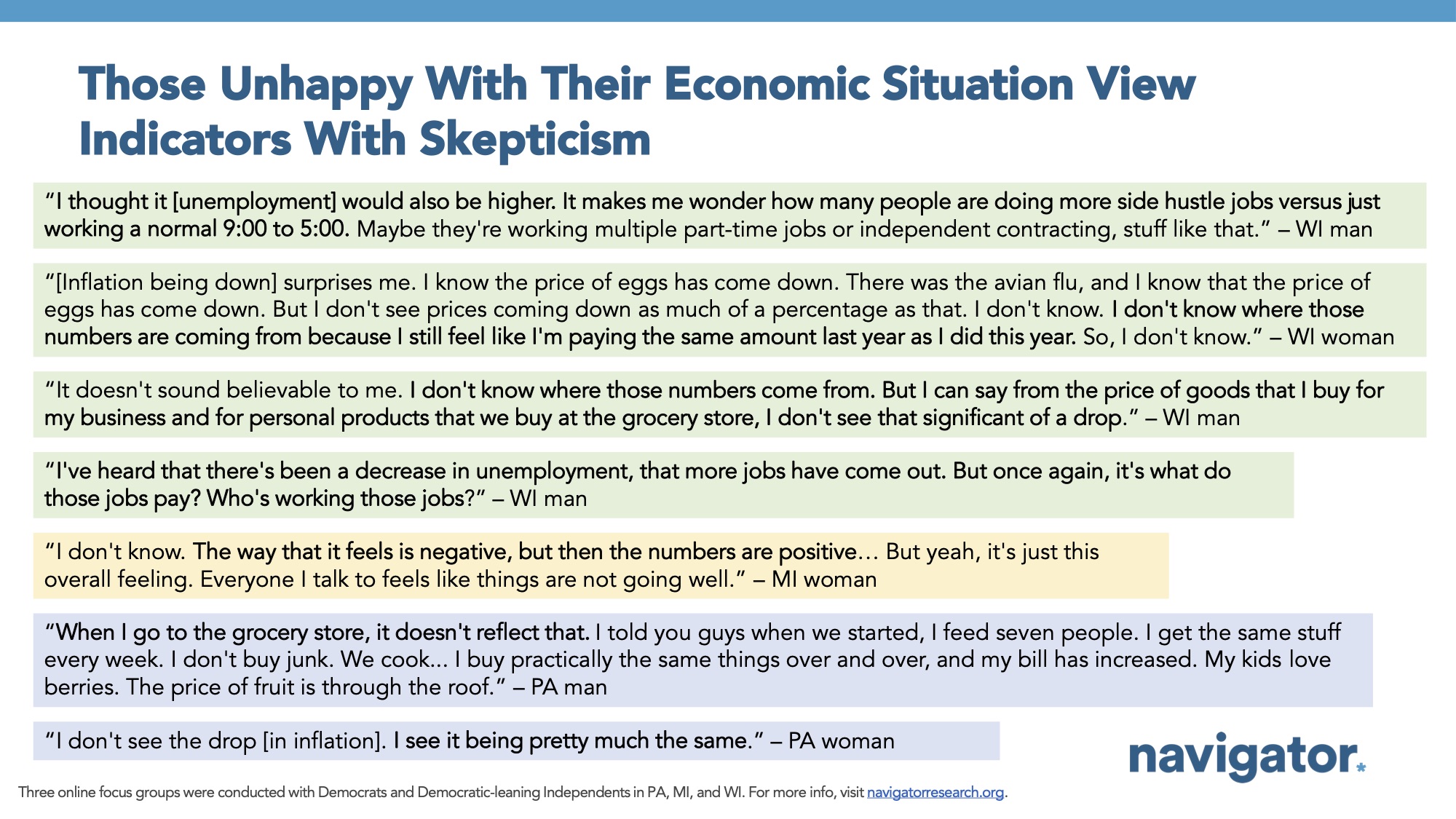 Focus group report slide titled: Those Unhappy With Their Economic Situation View Indicators With Skepticism