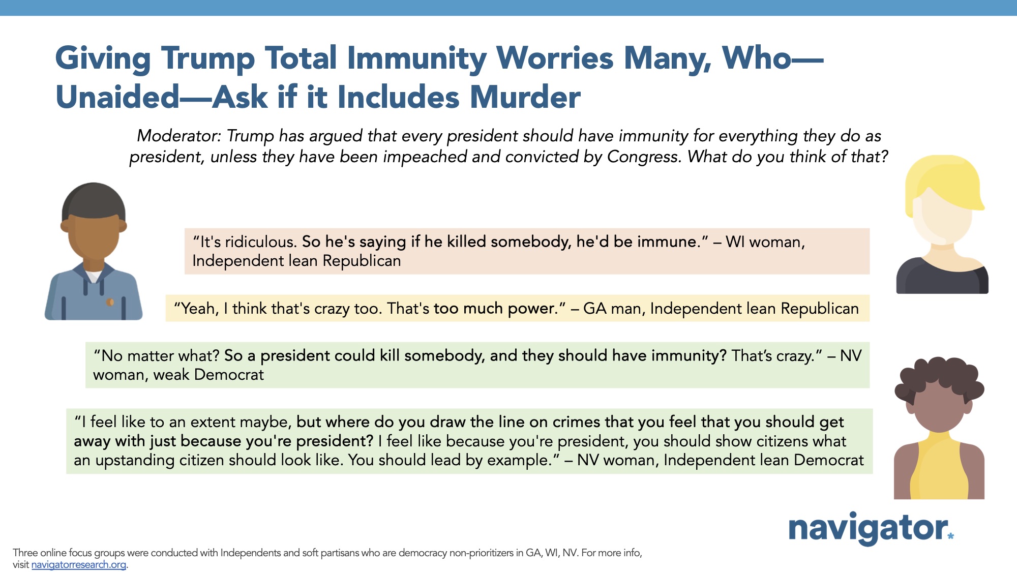 Focus group report slide titled: Giving Trump Total Immunity Worries Many, Who— Unaided—Ask if it Includes Murder