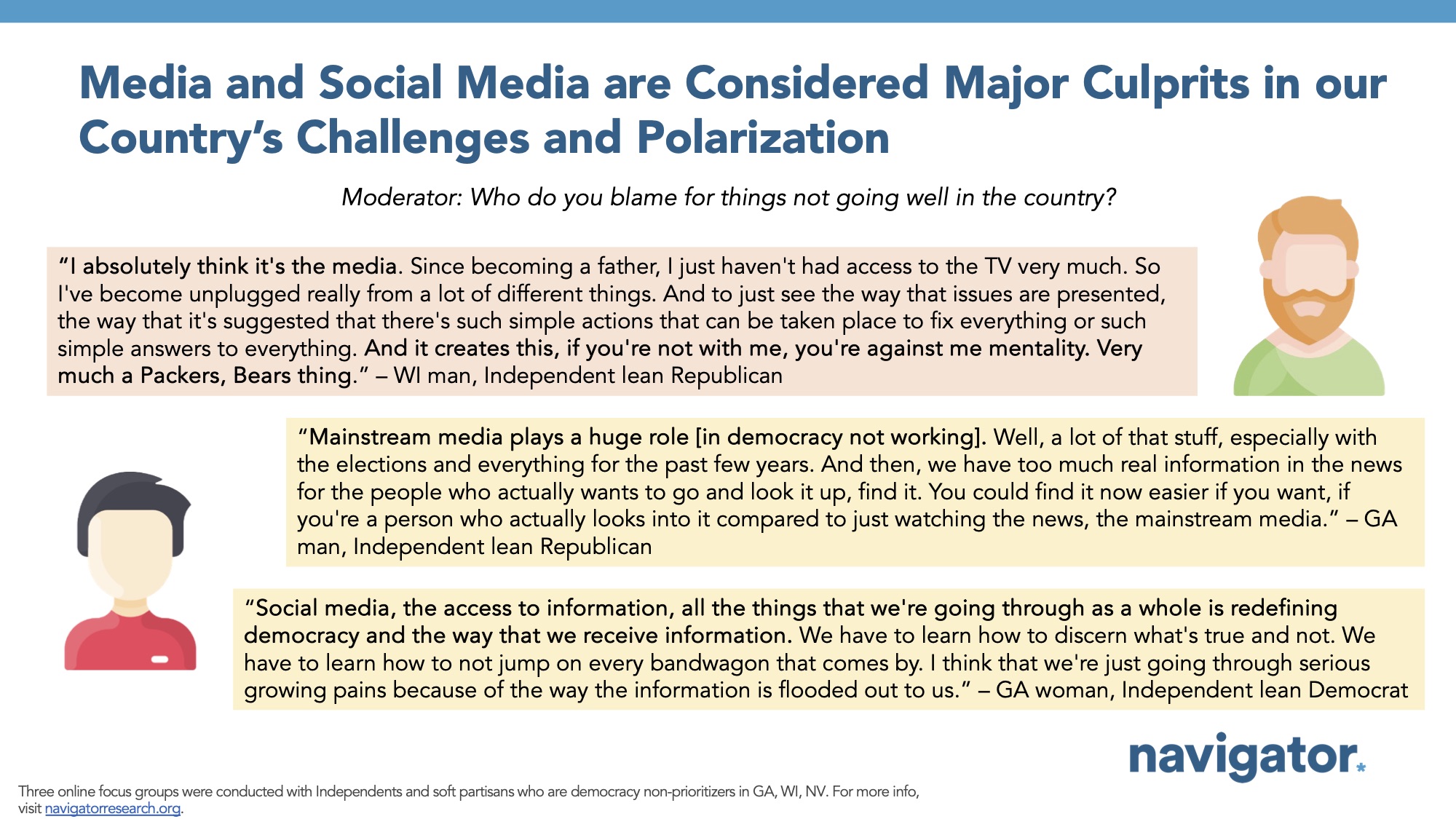 Focus group report slide titled: Media and Social Media are Considered Major Culprits in our Country’s Challenges and Polarization