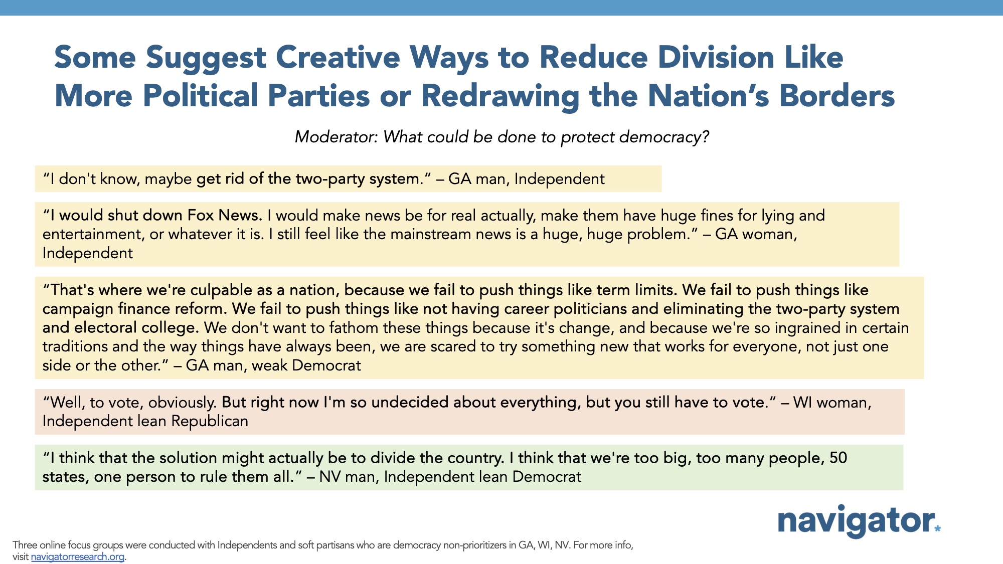 Focus group report slide titled: Some Suggest Creative Ways to Reduce Division Like More Political Parties or Redrawing the Nation’s Borders