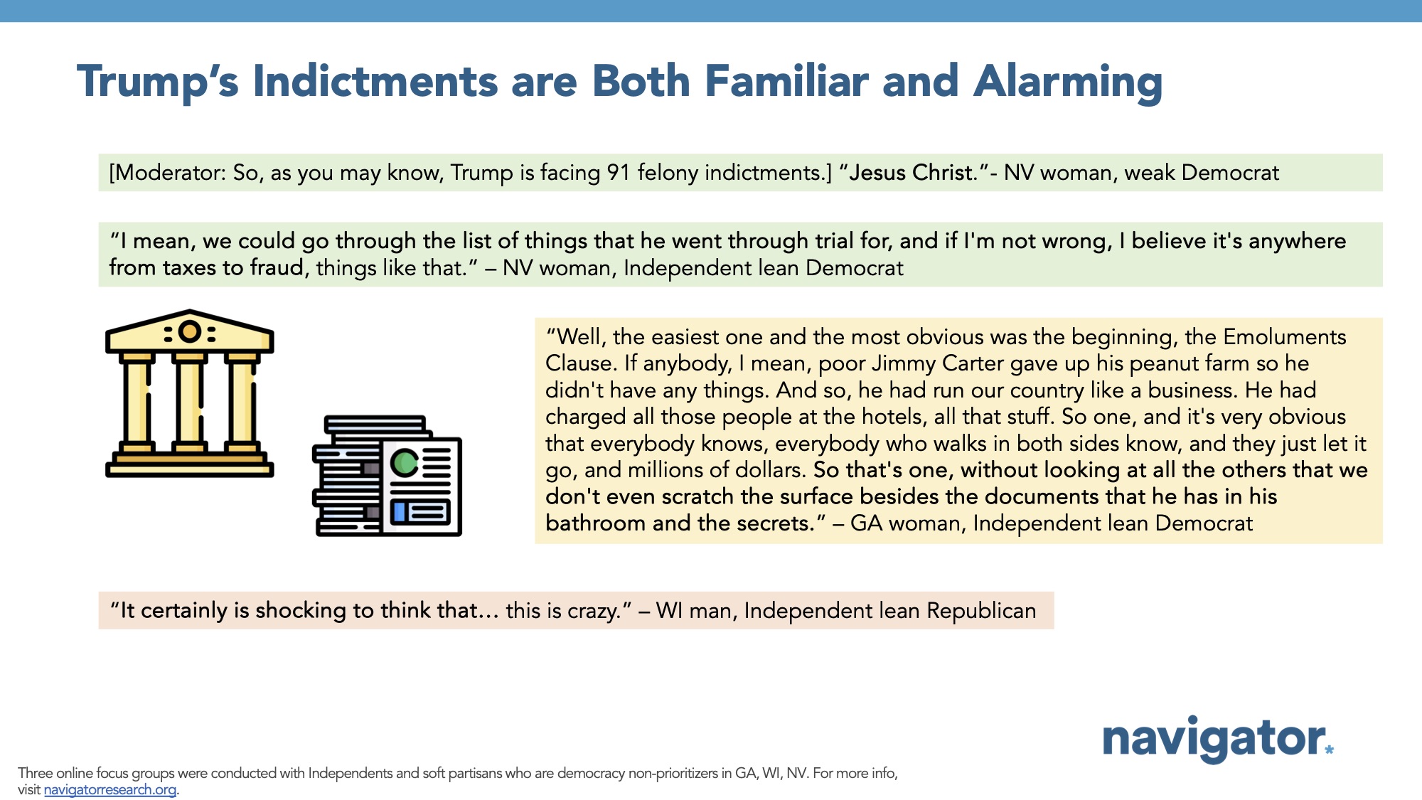 Focus group report slide titled: Trump’s Indictments are Both Familiar and Alarming