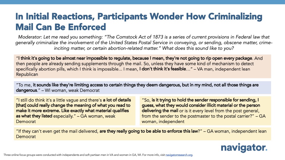 Bar graph of polling data from Navigator Research. Title: [In Initial Reactions, Participants Wonder How Criminalizing Mail Can Be Enforced]