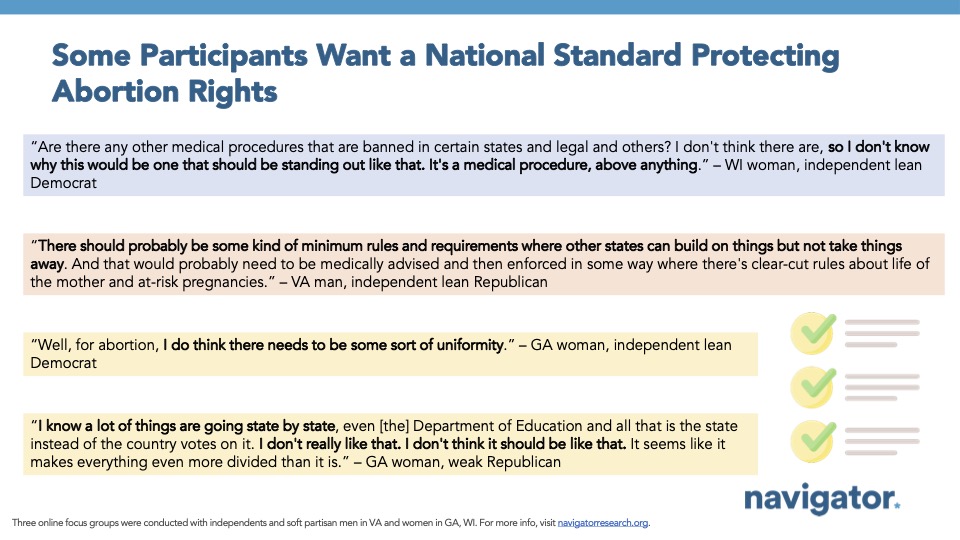 Bar graph of polling data from Navigator Research. Title: [Some Participants Want a National Standard Protecting Abortion Rights]