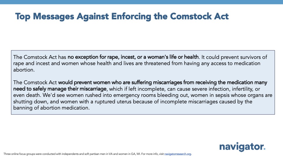 Bar graph of polling data from Navigator Research. Title: [Top Messages Against Enforcing the Comstock Act]