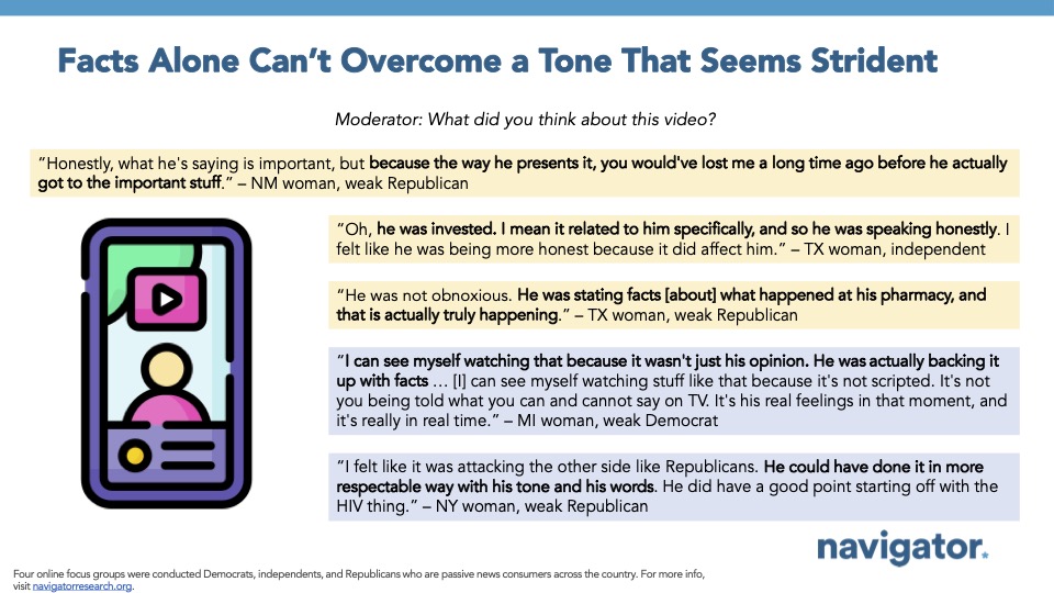Quote graphic from Navigator Research. Title: Facts Alone Can’t Overcome a Tone That Seems Strident
