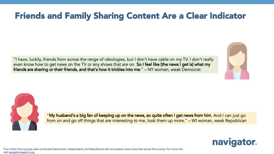 Quote graphic from Navigator Research. Title: Friends and Family Sharing Content Are a Clear Indicator