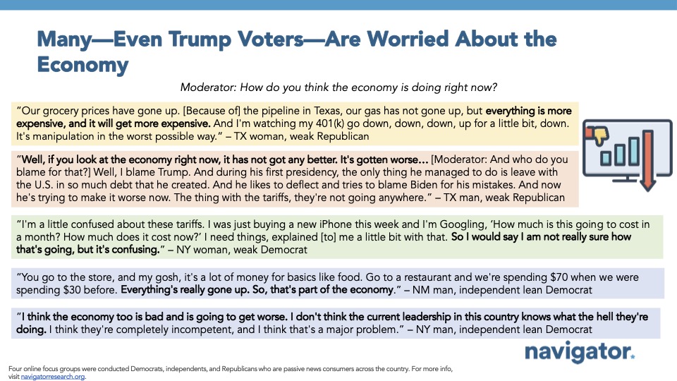Quote graphic from Navigator Research. Title: Many—Even Trump Voters—Are Worried About the Economy