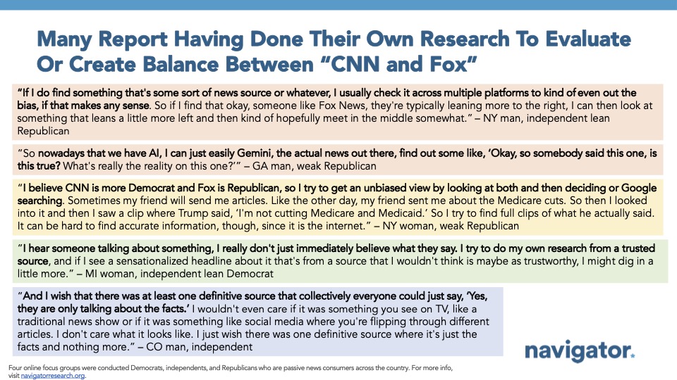 Quote graphic from Navigator Research. Title: Many Report Having Done Their Own Research To Evaluate Or Create Balance Between “CNN and Fox”
