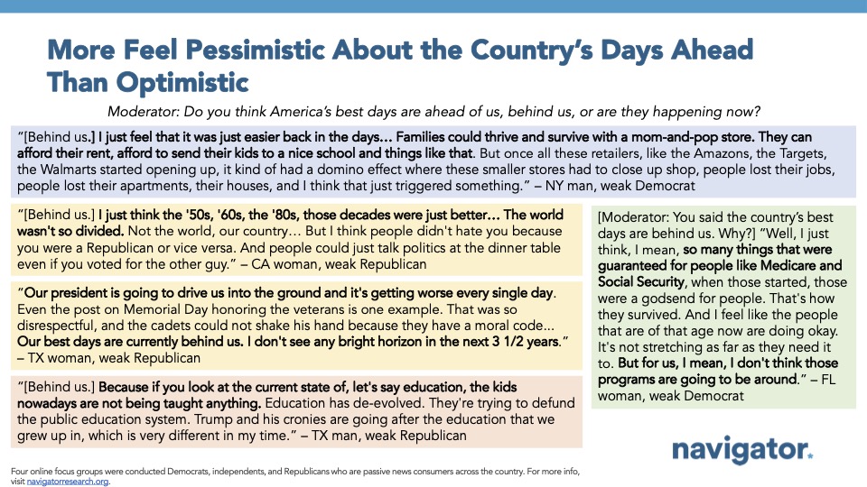 Quote graphic from Navigator Research. Title: More Feel Pessimistic About the Country’s Days Ahead Than Optimistic
