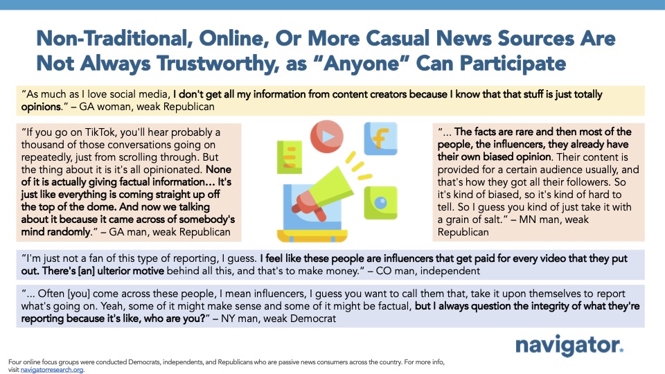 Quote graphic from Navigator Research. Title: Non-Traditional, Online, Or More Casual News Sources Are Not Always Trustworthy, as “Anyone” Can Participate
