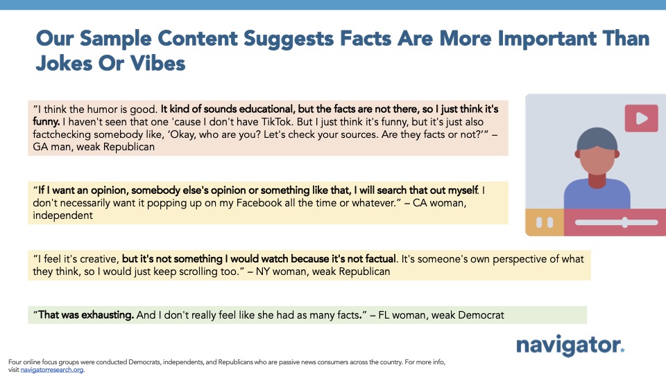 Quote graphic from Navigator Research. Title: Our Sample Content Suggests Facts Are More Important Than Jokes Or Vibes