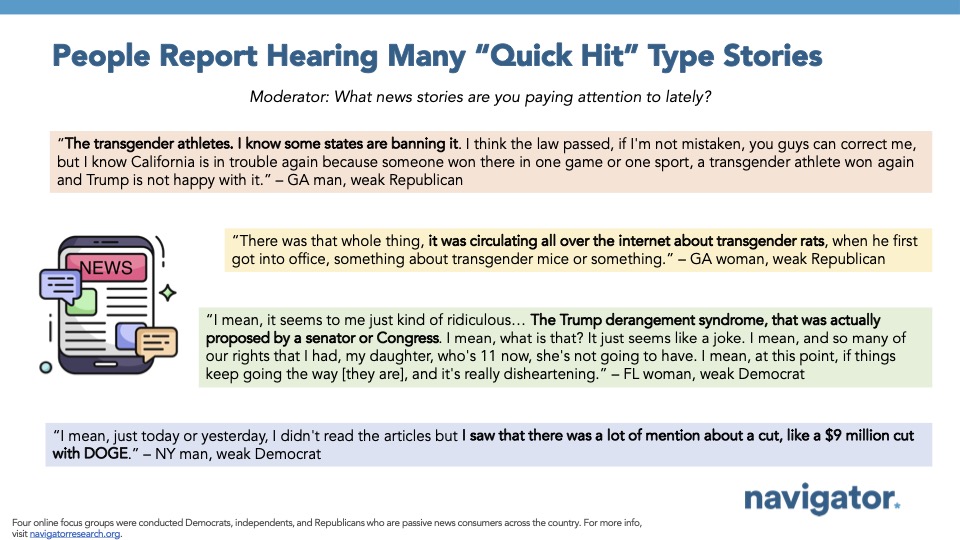 Quote graphic from Navigator Research. Title: People Report Hearing Many “Quick Hit” Type Stories