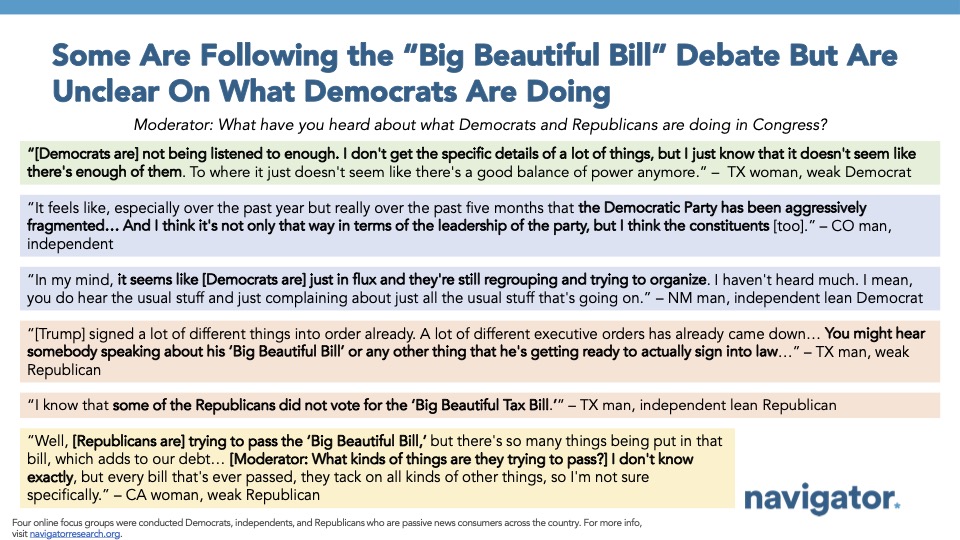 Quote graphic from Navigator Research. Title: Some Are Following the “Big Beautiful Bill” Debate But Are Unclear On What Democrats Are Doing