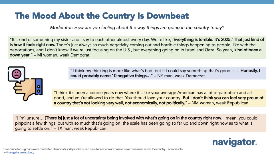 Quote graphic from Navigator Research. Title: The Mood About the Country Is Downbeat