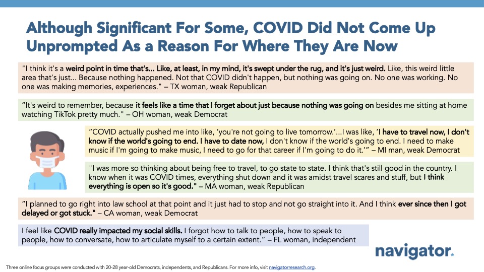 Graphic with six quotes from Navigator Research. Title: Although Significant For Some, COVID Did Not Come Up Unprompted As a Reason For Where They Are Now