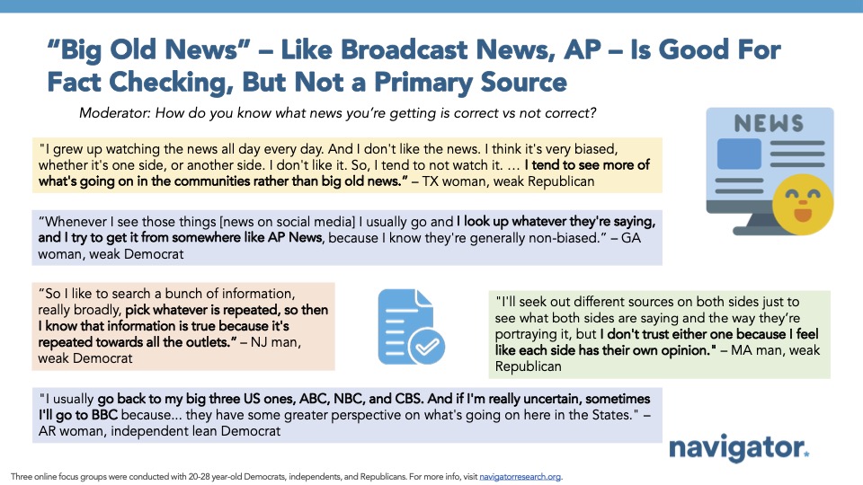 Graphic with five quotes from Navigator Research. Title: “Big Old News” – Like Broadcast News, AP – Is Good For Fact Checking, But Not a Primary Source