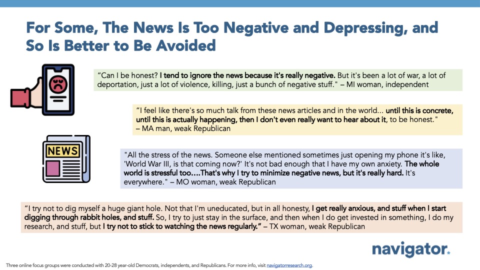 Graphic with four quotes from Navigator Research. Title: For Some, The News Is Too Negative and Depressing, and So Is Better to Be Avoided
