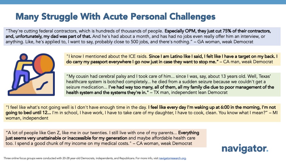 Graphic with five quotes from Navigator Research. Title: Many Struggle With Acute Personal Challenges