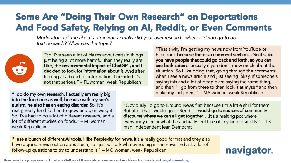 Graphic with five quotes from Navigator Research. Title: Some Are “Doing Their Own Research” on Deportations And Food Safety, Relying on AI, Reddit, or Even Comments