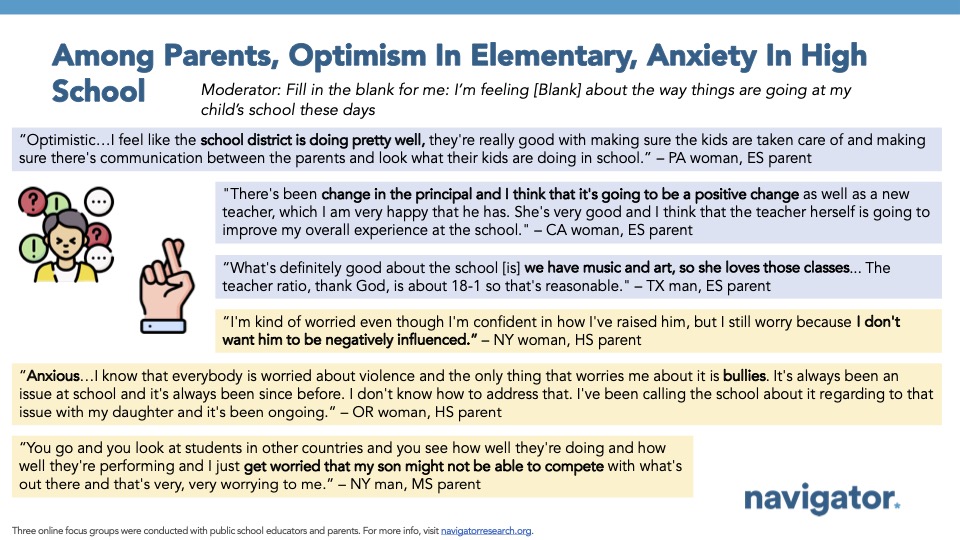Focus Group Quotes from Navigator Research. Title: Among Parents, Optimism In Elementary, Anxiety In High School