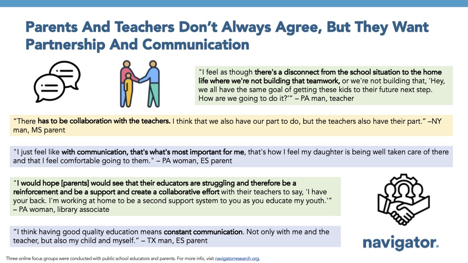 Focus Group Quotes from Navigator Research. Title: Parents And Teachers Don’t Always Agree, But They Want Partnership And Communication