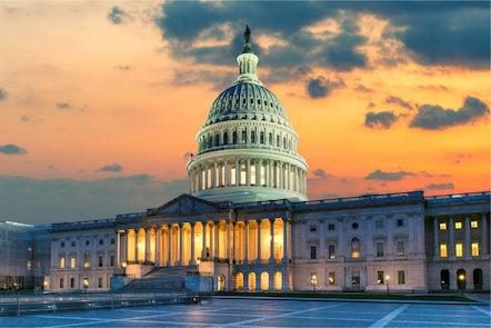 An image of the United States Capitol building at sunset
