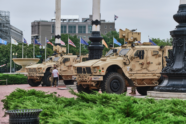 An image of National Guard vehicles outside of Union Station in Washington, DC