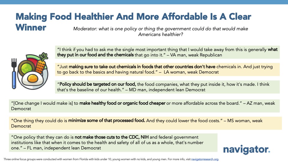 Focus group quotes from Navigator Research. Title: Making Food Healthier And More Affordable Is A Clear Winner