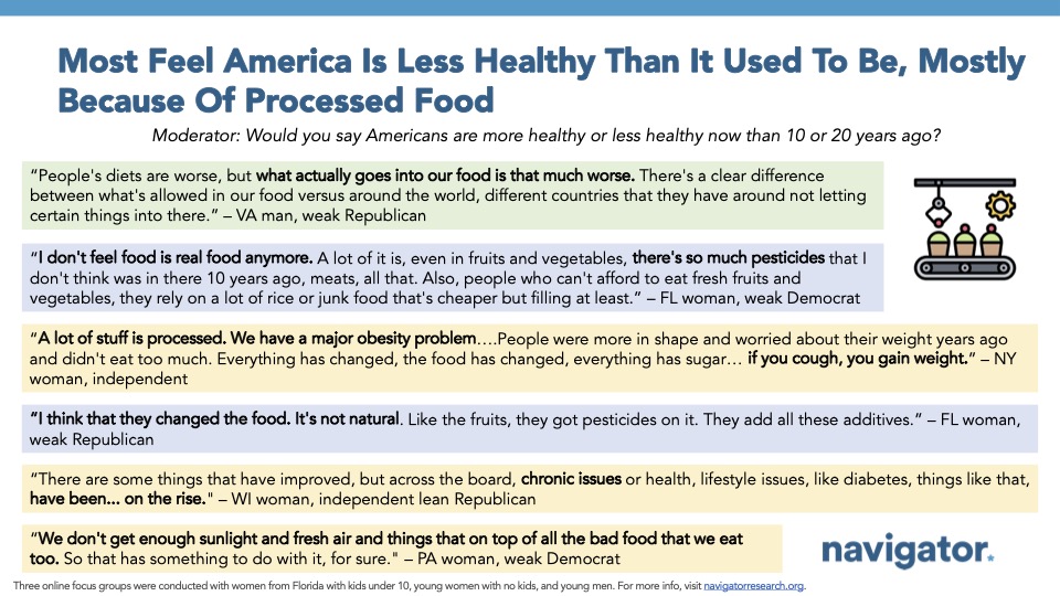 Focus group quotes from Navigator Research. Title: Most Feel America Is Less Healthy Than It Used To Be, Mostly Because Of Processed Food