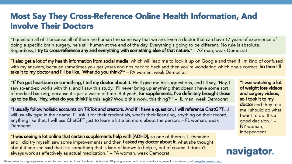 Focus group quotes from Navigator Research. Title: Most Say They Cross-Reference Online Health Information, And Involve Their Doctors
