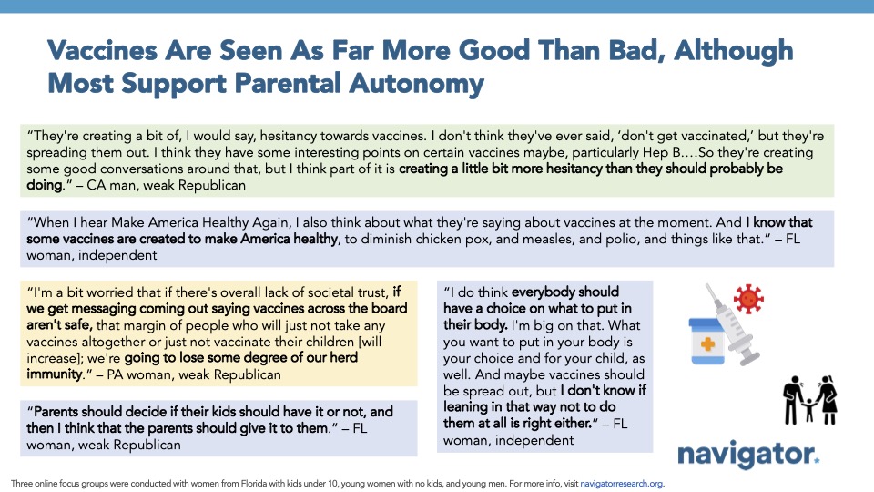Focus group quotes from Navigator Research. Title: Vaccines Are Seen As Far More Good Than Bad, Although Most Support Parental Autonomy