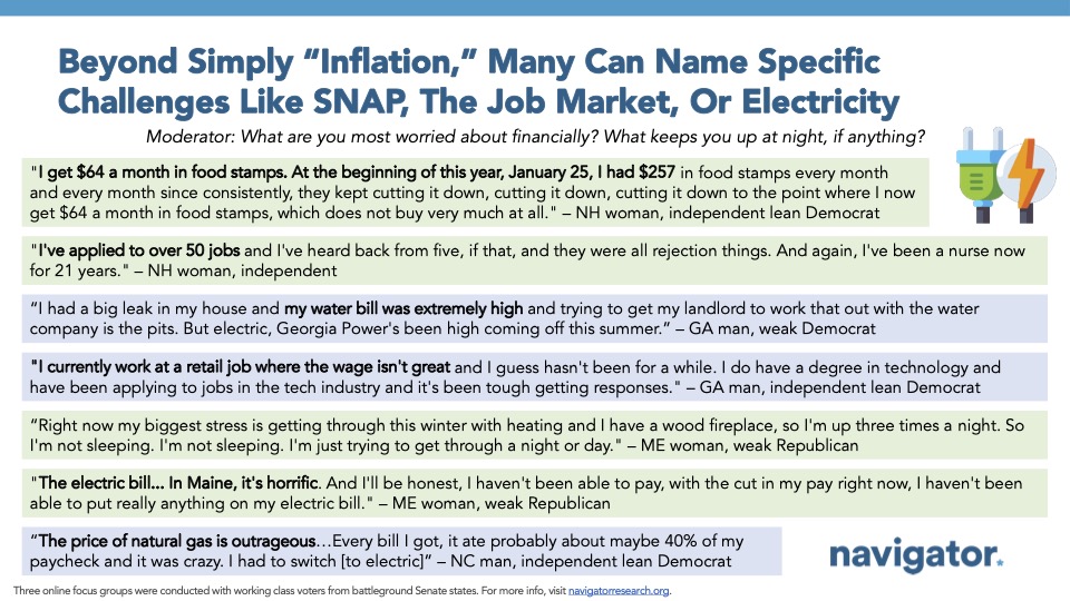 Focus group quotes from Navigator Research, titled: Beyond Simply “Inflation,” Many Can Name Specific Challenges Like SNAP, The Job Market, Or Electricity