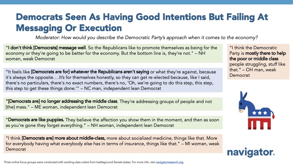 Focus group quotes from Navigator Research, titled: Democrats Seen As Having Good Intentions But Failing At Messaging Or Execution