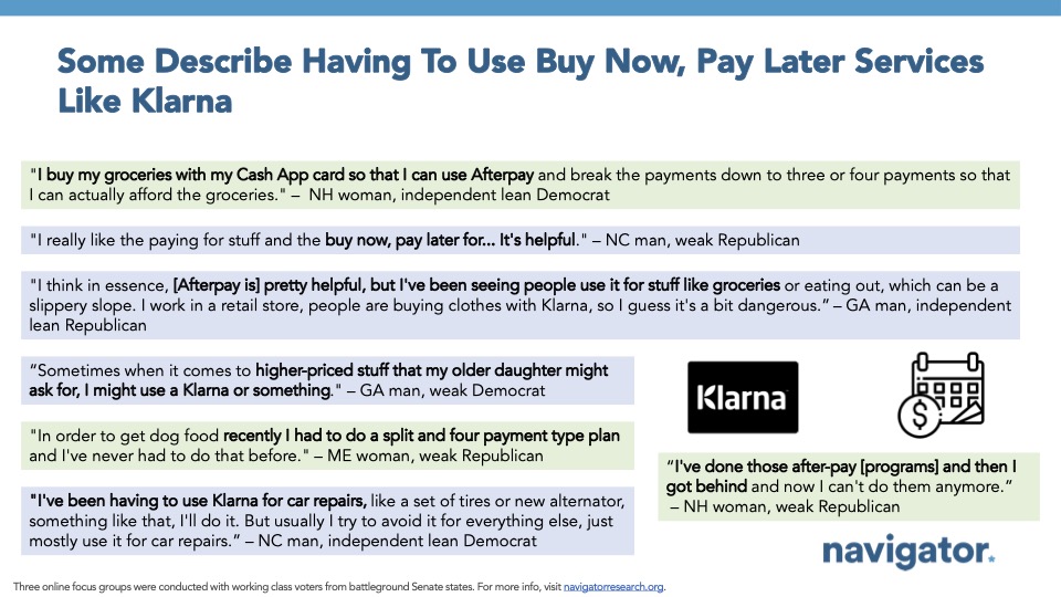 Focus group quotes from Navigator Research, titled: Some Describe Having To Use Buy Now, Pay Later Services Like Klarna