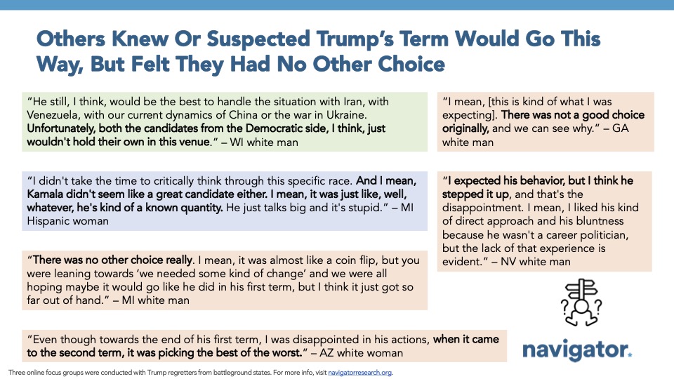 Slide featuring quotes from Navigator Research's focus groups, titled: Others Knew Or Suspected Trump’s Term Would Go This Way, But Felt They Had No Other Choice