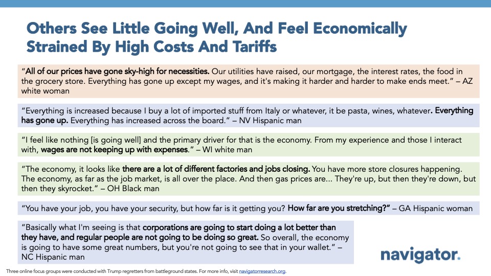 Slide featuring quotes from Navigator Research's focus groups, titled: Others See Little Going Well, And Feel Economically Strained By High Costs And Tariffs