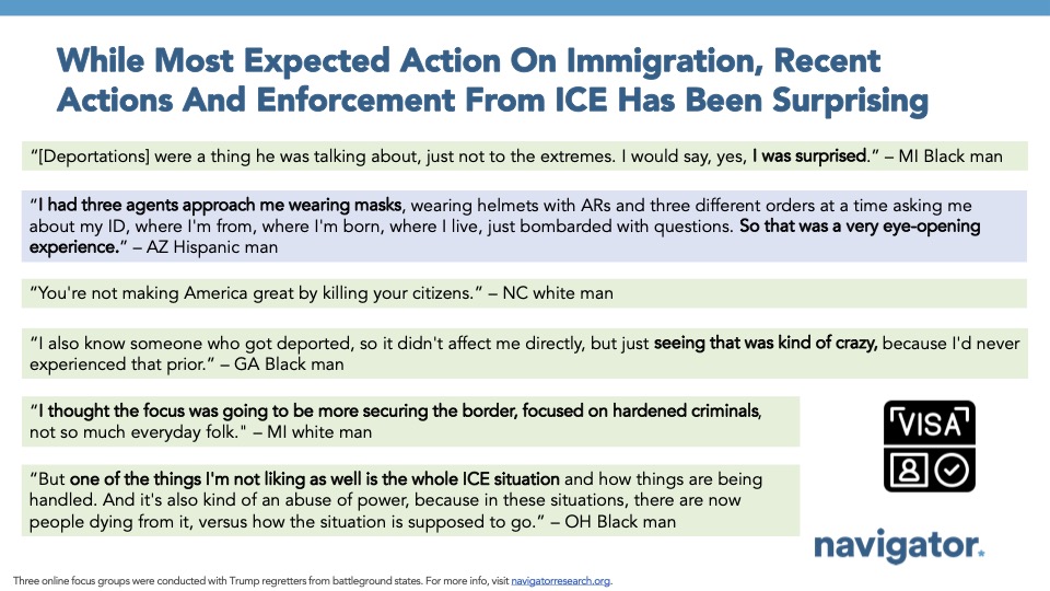 Slide featuring quotes from Navigator Research's focus groups, titled: While Most Expected Action On Immigration, Recent Actions And Enforcement From ICE Has Been Surprising