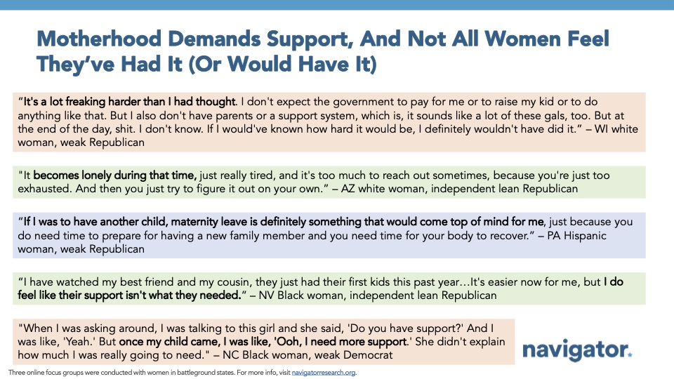 Slide from Navigator Research titled: Motherhood Demands Support, And Not All Women Feel They've Had It (Or Would Want It)