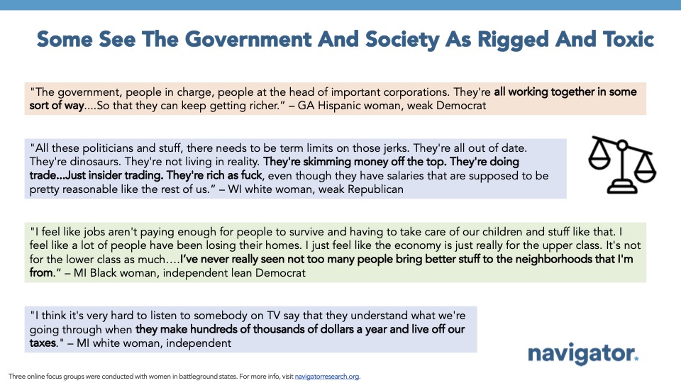 Slide from Navigator Research titled: Some See The Government And Society As Rigged And Toxic