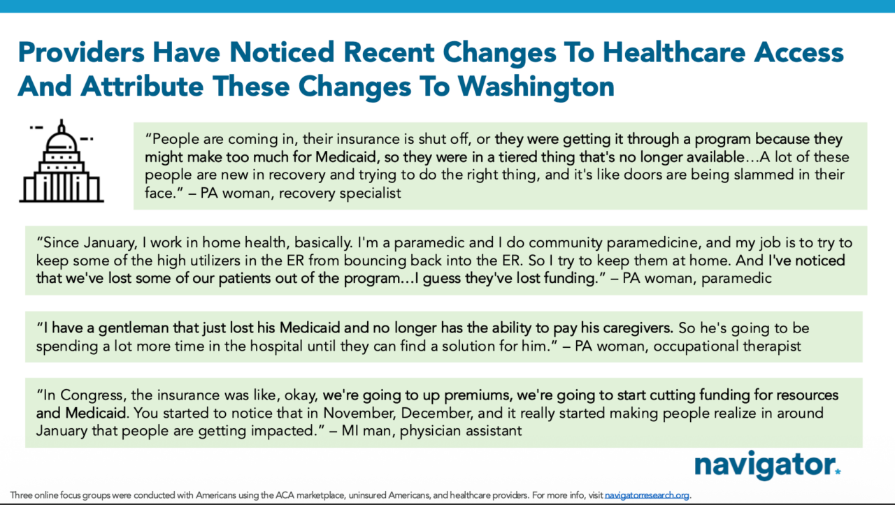 Slide from Navigator Research titled: Providers Have Noticed Recent Changes To Healthcare Access And Attribute These Changes To Washington