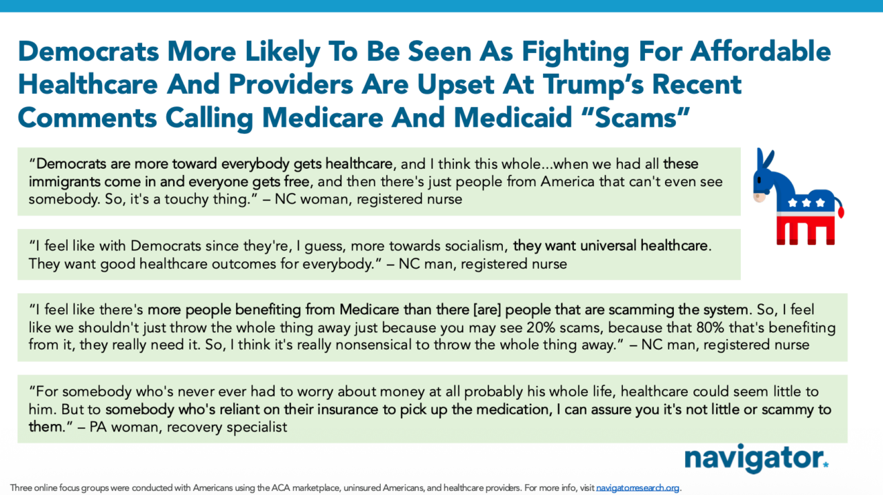 Slide from Navigator Research titled: Democrats More Likely To Be Seen As Fighting For Affordable Healthcare And Providers Are Upset At Trump's Recent Comments Calling Medicare And Medicaid "Scams"