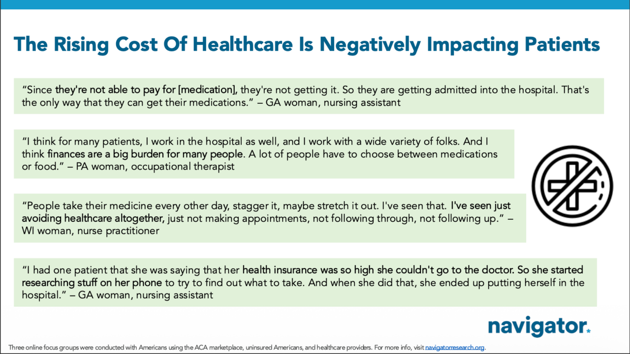 Slide from Navigator Research titled: The Rising Cost of Healthcare Is Negatively Impacting Patients