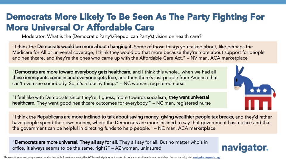 Slide from Navigator Research titled: Democrats More Likely To Be Seen As The Party Fighting For More Universal Or Affordable Care
